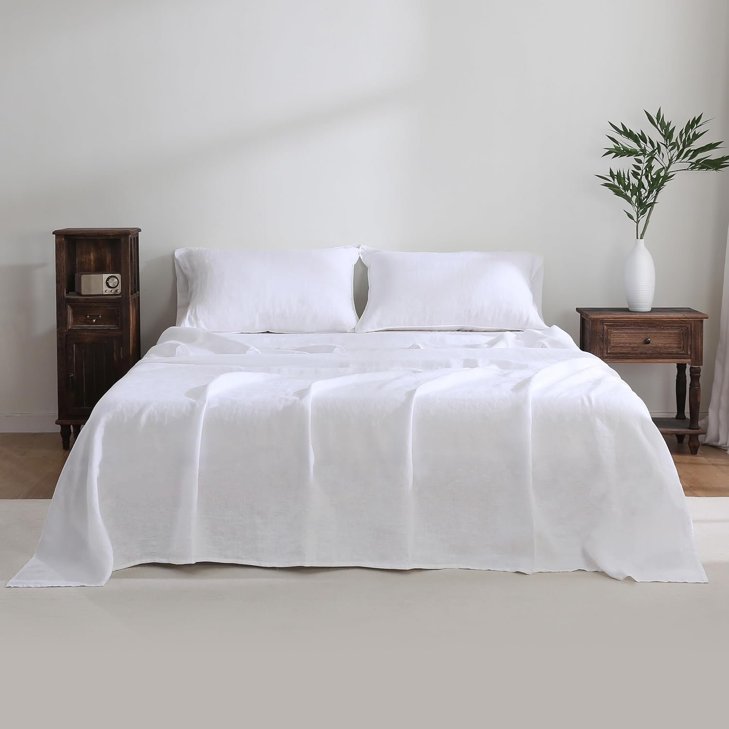 100% French Linen Sheet Set – Queen Size, 4-Piece (White)